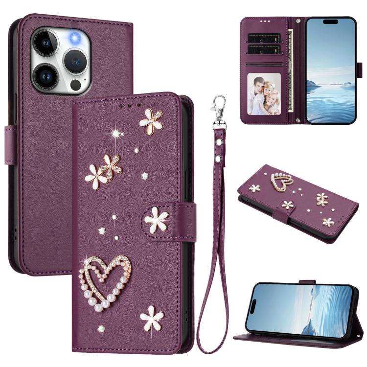 Capa de telemóvel em pele vegana dupla camada com padrão floral em forma de coração e alça de pulso ZS01, para iPhone 16 Pro, para iPhone 16 Plus, para iPhone 16, para iPhone 15 Pro Max, para iPhone 15 Pro, para iPhone 15 Plus