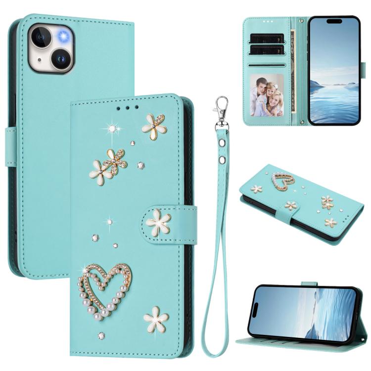 Capa de telemóvel em pele vegana dupla camada com padrão floral em forma de coração e alça de pulso ZS01, para iPhone 16 Pro, para iPhone 16 Plus, para iPhone 16, para iPhone 15 Pro Max, para iPhone 15 Pro, para iPhone 15 Plus