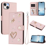 Capa de telemóvel em pele vegana dupla camada com padrão floral em forma de coração e alça de pulso ZS01, para iPhone 16 Pro, para iPhone 16 Plus, para iPhone 16, para iPhone 15 Pro Max, para iPhone 15 Pro, para iPhone 15 Plus