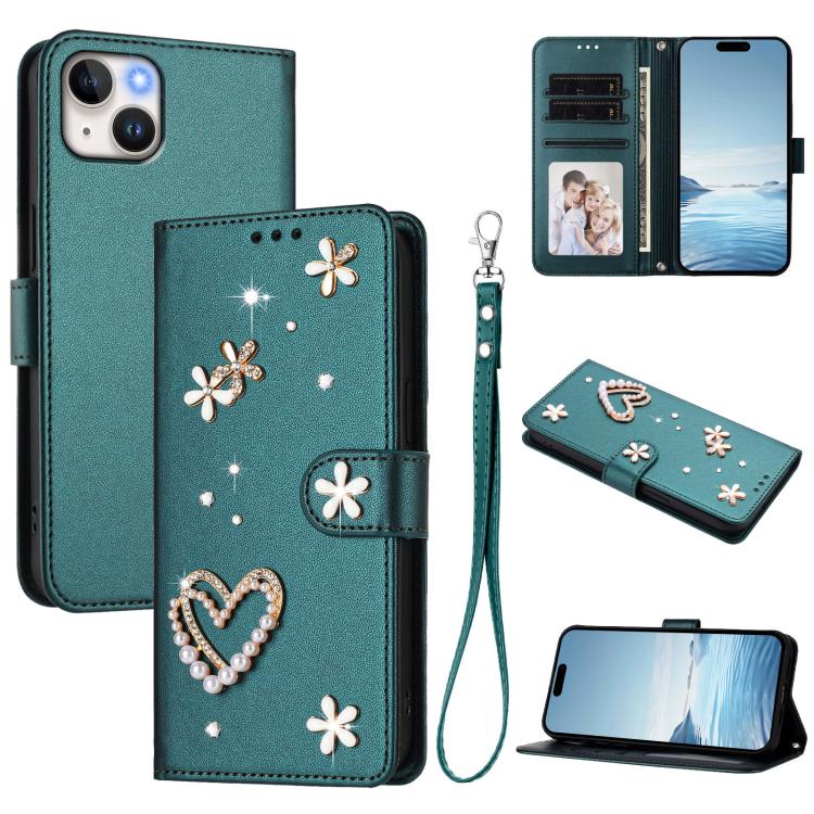 Capa de telemóvel em pele vegana dupla camada com padrão floral em forma de coração e alça de pulso ZS01, para iPhone 16 Pro, para iPhone 16 Plus, para iPhone 16, para iPhone 15 Pro Max, para iPhone 15 Pro, para iPhone 15 Plus