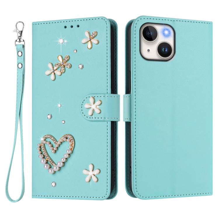 Capa de Telefone em Pele Vegana Floral com Coração de Dupla Camada ZS01 com Alça de Pulso, Para iPhone 15, Para iPhone 14 Plus, Para iPhone 14 / 13, Para iPhone 14 Pro, Para iPhone 14 Pro Max, Para iPhone 13 Pro Max