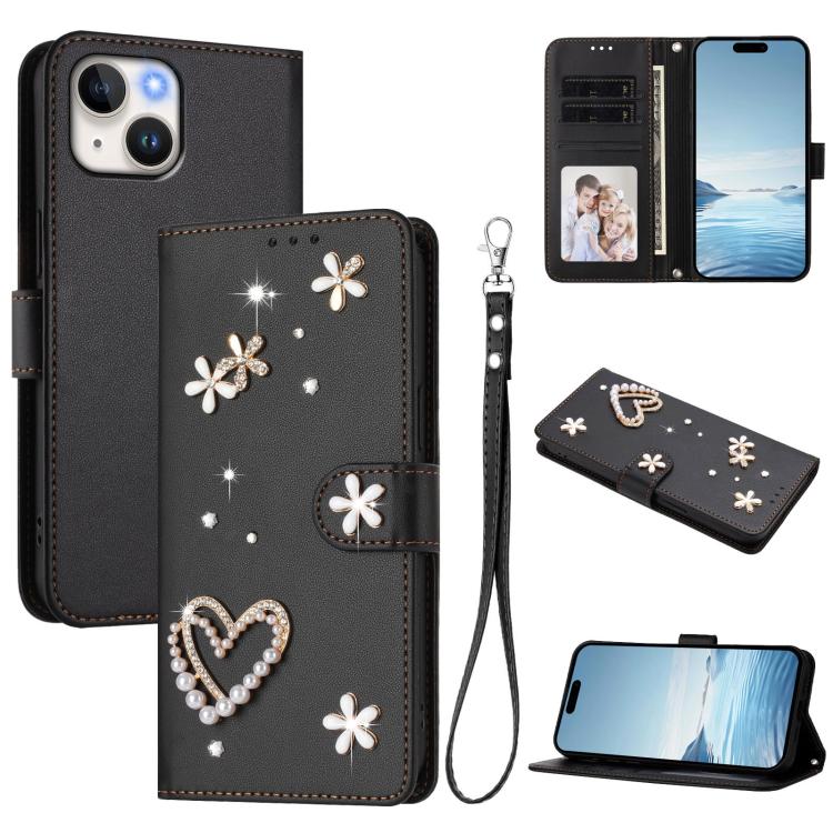 Capa de Telefone em Pele Vegana Floral com Coração de Dupla Camada ZS01 com Alça de Pulso, Para iPhone 15, Para iPhone 14 Plus, Para iPhone 14 / 13, Para iPhone 14 Pro, Para iPhone 14 Pro Max, Para iPhone 13 Pro Max
