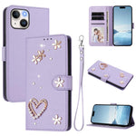 Capa de Telefone em Pele Vegana Floral com Coração de Dupla Camada ZS01 com Alça de Pulso, Para iPhone 15, Para iPhone 14 Plus, Para iPhone 14 / 13, Para iPhone 14 Pro, Para iPhone 14 Pro Max, Para iPhone 13 Pro Max