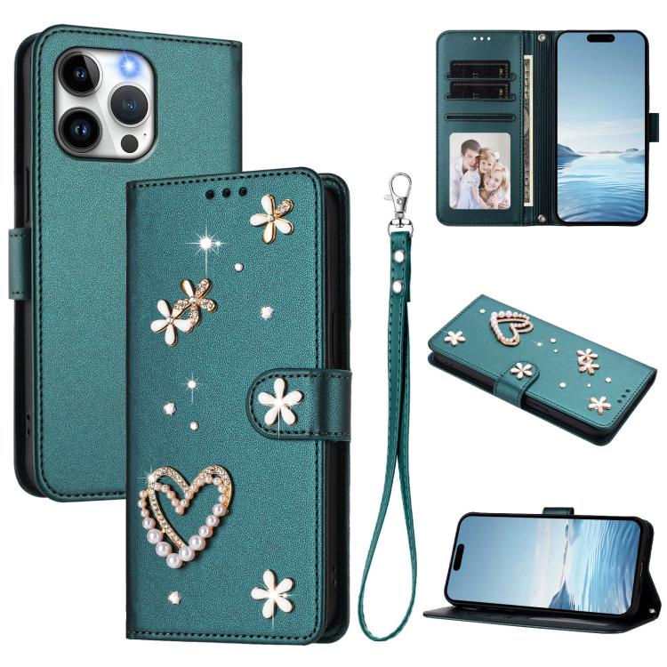 Capa de Telefone em Pele Vegana Floral com Coração de Dupla Camada ZS01 com Alça de Pulso, Para iPhone 15, Para iPhone 14 Plus, Para iPhone 14 / 13, Para iPhone 14 Pro, Para iPhone 14 Pro Max, Para iPhone 13 Pro Max