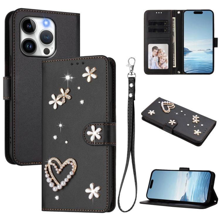 Capa de Telefone em Pele Vegana Floral com Coração de Dupla Camada ZS01 com Alça de Pulso, Para iPhone 15, Para iPhone 14 Plus, Para iPhone 14 / 13, Para iPhone 14 Pro, Para iPhone 14 Pro Max, Para iPhone 13 Pro Max