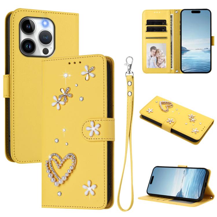 Capa de Telefone em Pele Vegana Floral com Coração de Dupla Camada ZS01 com Alça de Pulso, Para iPhone 15, Para iPhone 14 Plus, Para iPhone 14 / 13, Para iPhone 14 Pro, Para iPhone 14 Pro Max, Para iPhone 13 Pro Max