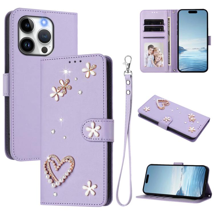 Capa de Telefone em Pele Vegana Floral com Coração de Dupla Camada ZS01 com Alça de Pulso, Para iPhone 15, Para iPhone 14 Plus, Para iPhone 14 / 13, Para iPhone 14 Pro, Para iPhone 14 Pro Max, Para iPhone 13 Pro Max