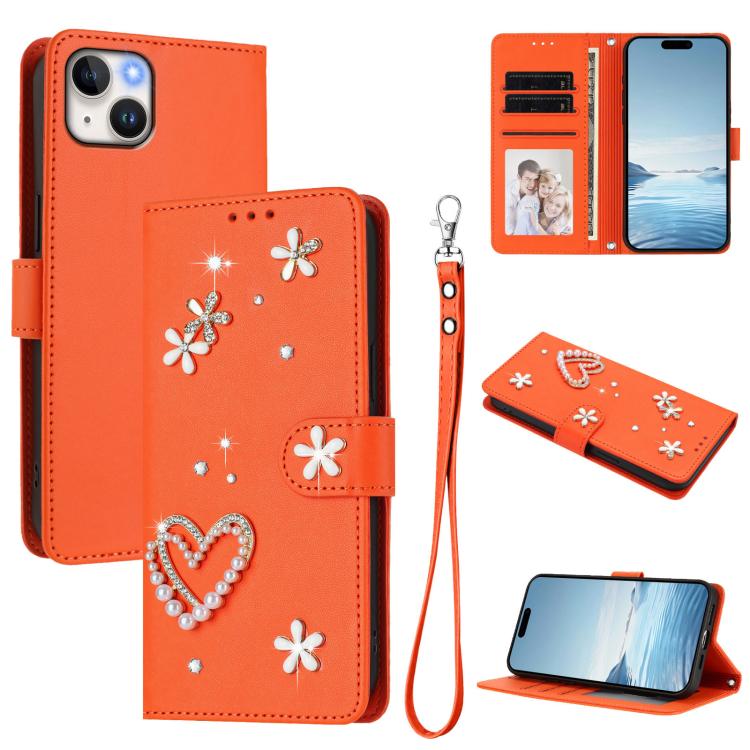 Capa de Telefone em Pele Vegana Floral com Coração de Dupla Camada ZS01 com Alça de Pulso, Para iPhone 15, Para iPhone 14 Plus, Para iPhone 14 / 13, Para iPhone 14 Pro, Para iPhone 14 Pro Max, Para iPhone 13 Pro Max
