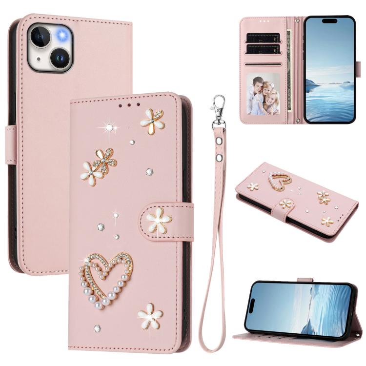 Capa de Telefone em Pele Vegana Floral com Coração de Dupla Camada ZS01 com Alça de Pulso, Para iPhone 15, Para iPhone 14 Plus, Para iPhone 14 / 13, Para iPhone 14 Pro, Para iPhone 14 Pro Max, Para iPhone 13 Pro Max