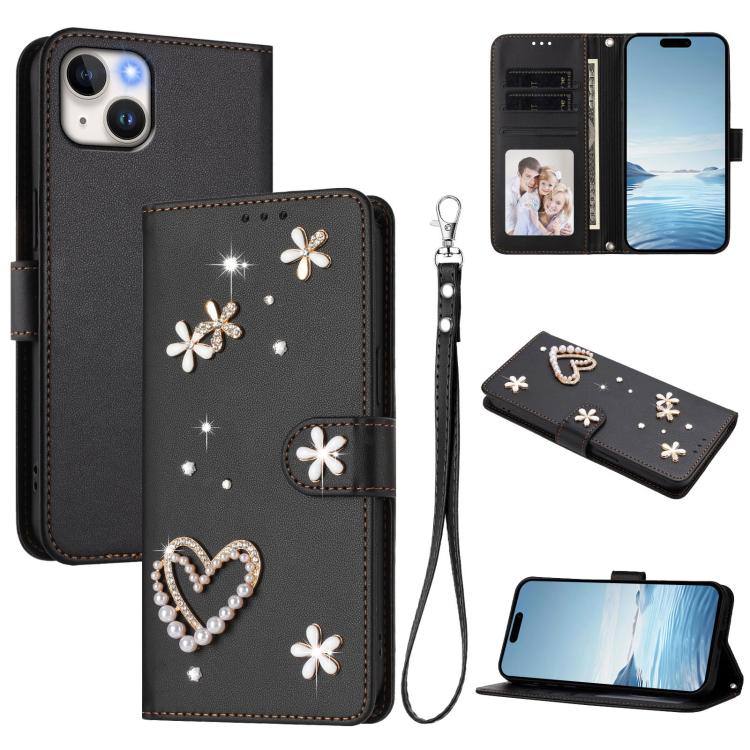 Capa de Telefone em Pele Vegana Floral com Coração de Dupla Camada ZS01 com Alça de Pulso, Para iPhone 15, Para iPhone 14 Plus, Para iPhone 14 / 13, Para iPhone 14 Pro, Para iPhone 14 Pro Max, Para iPhone 13 Pro Max