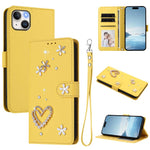 Capa de Telefone em Pele Vegana Floral com Coração de Dupla Camada ZS01 com Alça de Pulso, Para iPhone 15, Para iPhone 14 Plus, Para iPhone 14 / 13, Para iPhone 14 Pro, Para iPhone 14 Pro Max, Para iPhone 13 Pro Max