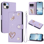 Capa de Telefone em Pele Vegana Floral com Coração de Dupla Camada ZS01 com Alça de Pulso, Para iPhone 15, Para iPhone 14 Plus, Para iPhone 14 / 13, Para iPhone 14 Pro, Para iPhone 14 Pro Max, Para iPhone 13 Pro Max