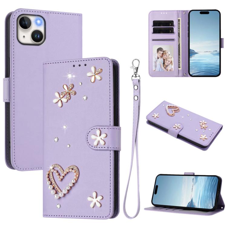 Capa de Telefone em Pele Vegana Floral com Coração de Dupla Camada ZS01 com Alça de Pulso, Para iPhone 15, Para iPhone 14 Plus, Para iPhone 14 / 13, Para iPhone 14 Pro, Para iPhone 14 Pro Max, Para iPhone 13 Pro Max