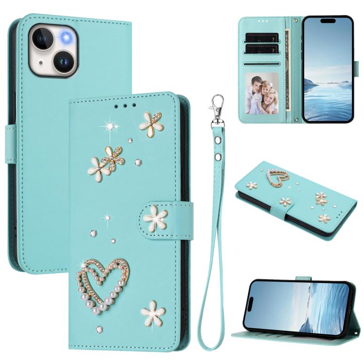 Capa de Telefone em Pele Vegana Floral com Coração de Dupla Camada ZS01 com Alça de Pulso, Para iPhone 15, Para iPhone 14 Plus, Para iPhone 14 / 13, Para iPhone 14 Pro, Para iPhone 14 Pro Max, Para iPhone 13 Pro Max