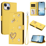 Capa de Telefone em Pele Vegana Floral com Coração de Dupla Camada ZS01 com Alça de Pulso, Para iPhone 15, Para iPhone 14 Plus, Para iPhone 14 / 13, Para iPhone 14 Pro, Para iPhone 14 Pro Max, Para iPhone 13 Pro Max