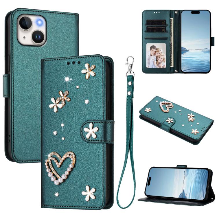 Capa de Telefone em Pele Vegana Floral com Coração de Dupla Camada ZS01 com Alça de Pulso, Para iPhone 15, Para iPhone 14 Plus, Para iPhone 14 / 13, Para iPhone 14 Pro, Para iPhone 14 Pro Max, Para iPhone 13 Pro Max