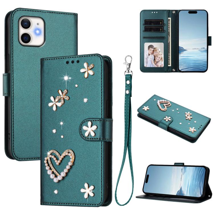 Capa de Telefone em Pele Vegana Floral com Coração de Dupla Camada ZS01 com Alça de Pulso, Para iPhone 13 Pro, Para iPhone 12 / 12 Pro, Para iPhone 12 Pro Max, Para iPhone 11 Pro Max, Para iPhone 11, Para iPhone 11 Pro