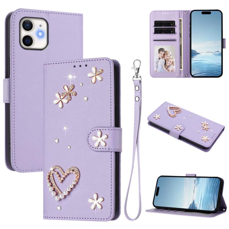 Capa de Telefone em Pele Vegana Floral com Coração de Dupla Camada ZS01 com Alça de Pulso, Para iPhone 13 Pro, Para iPhone 12 / 12 Pro, Para iPhone 12 Pro Max, Para iPhone 11 Pro Max, Para iPhone 11, Para iPhone 11 Pro