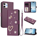 Capa de Telefone em Pele Vegana Floral com Coração de Dupla Camada ZS01 com Alça de Pulso, Para iPhone 13 Pro, Para iPhone 12 / 12 Pro, Para iPhone 12 Pro Max, Para iPhone 11 Pro Max, Para iPhone 11, Para iPhone 11 Pro