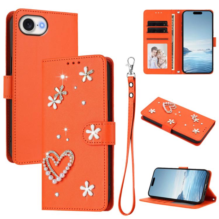 Capa de Telefone em Pele Vegana Floral com Coração de Dupla Camada ZS01 com Alça de Pulso, Para iPhone 17e / 16e, Para iPhone 17 Pro Max, Para iPhone 17 Pro, Para iPhone 17, Para iPhone Air, Para iPhone 16 Pro Max