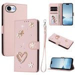Capa de Telefone em Pele Vegana Floral com Coração de Dupla Camada ZS01 com Alça de Pulso, Para iPhone 17e / 16e, Para iPhone 17 Pro Max, Para iPhone 17 Pro, Para iPhone 17, Para iPhone Air, Para iPhone 16 Pro Max