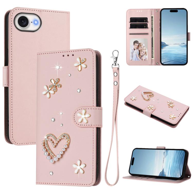 Capa de Telefone em Pele Vegana Floral com Coração de Dupla Camada ZS01 com Alça de Pulso, Para iPhone 17e / 16e, Para iPhone 17 Pro Max, Para iPhone 17 Pro, Para iPhone 17, Para iPhone Air, Para iPhone 16 Pro Max