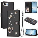 Capa de Telefone em Pele Vegana Floral com Coração de Dupla Camada ZS01 com Alça de Pulso, Para iPhone 17e / 16e, Para iPhone 17 Pro Max, Para iPhone 17 Pro, Para iPhone 17, Para iPhone Air, Para iPhone 16 Pro Max
