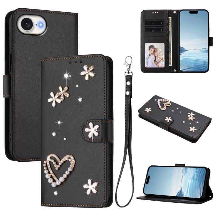 Capa de Telefone em Pele Vegana Floral com Coração de Dupla Camada ZS01 com Alça de Pulso, Para iPhone 17e / 16e, Para iPhone 17 Pro Max, Para iPhone 17 Pro, Para iPhone 17, Para iPhone Air, Para iPhone 16 Pro Max