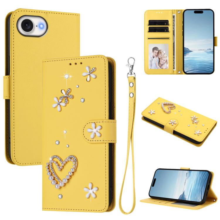 Capa de Telefone em Pele Vegana Floral com Coração de Dupla Camada ZS01 com Alça de Pulso, Para iPhone 17e / 16e, Para iPhone 17 Pro Max, Para iPhone 17 Pro, Para iPhone 17, Para iPhone Air, Para iPhone 16 Pro Max