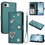 Capa de Telefone em Pele Vegana Floral com Coração de Dupla Camada ZS01 com Alça de Pulso, Para iPhone 17e / 16e, Para iPhone 17 Pro Max, Para iPhone 17 Pro, Para iPhone 17, Para iPhone Air, Para iPhone 16 Pro Max