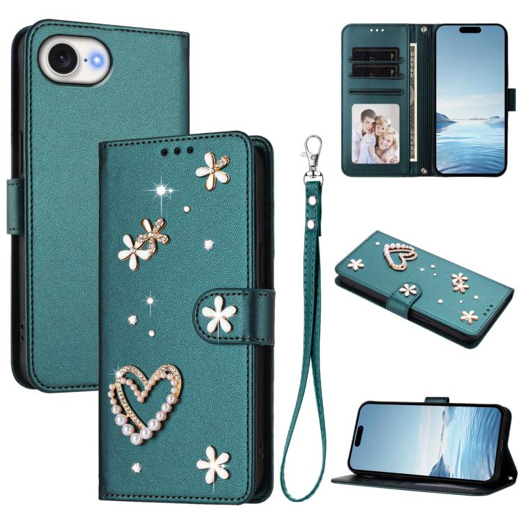 Capa de Telefone em Pele Vegana Floral com Coração de Dupla Camada ZS01 com Alça de Pulso, Para iPhone 17e / 16e, Para iPhone 17 Pro Max, Para iPhone 17 Pro, Para iPhone 17, Para iPhone Air, Para iPhone 16 Pro Max