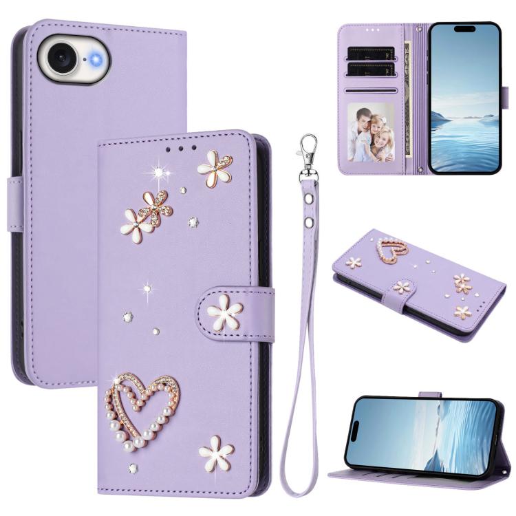 Capa de Telefone em Pele Vegana Floral com Coração de Dupla Camada ZS01 com Alça de Pulso, Para iPhone 17e / 16e, Para iPhone 17 Pro Max, Para iPhone 17 Pro, Para iPhone 17, Para iPhone Air, Para iPhone 16 Pro Max