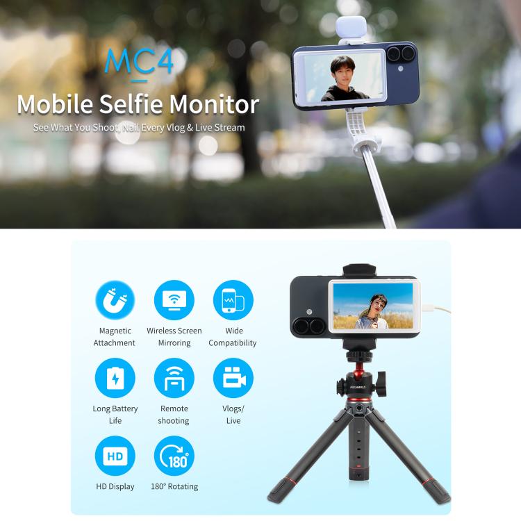 FEELWORLD MC4 Monitor de Ecrã Selfie para Vlog e Transmissão em Direto, Ligação Sem Fios Magnética com Controlo Remoto