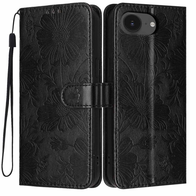 Capa para telemóvel em pele vegana com relevo de girassol e cordão preto pequeno, para iPhone 16e / 17e, para iPhone 17 Pro Max, para iPhone 17 Pro, para iPhone 17, para iPhone Air, para iPhone 16 Pro Max, para iPhone 16 Pro, para iPhone 16 Plus