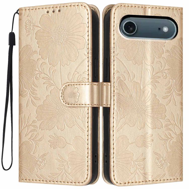 Capa para telemóvel em pele vegana com relevo de girassol e cordão preto pequeno, para iPhone 16e / 17e, para iPhone 17 Pro Max, para iPhone 17 Pro, para iPhone 17, para iPhone Air, para iPhone 16 Pro Max, para iPhone 16 Pro, para iPhone 16 Plus