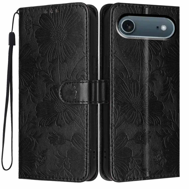 Capa para telemóvel em pele vegana com relevo de girassol e cordão preto pequeno, para iPhone 16e / 17e, para iPhone 17 Pro Max, para iPhone 17 Pro, para iPhone 17, para iPhone Air, para iPhone 16 Pro Max, para iPhone 16 Pro, para iPhone 16 Plus