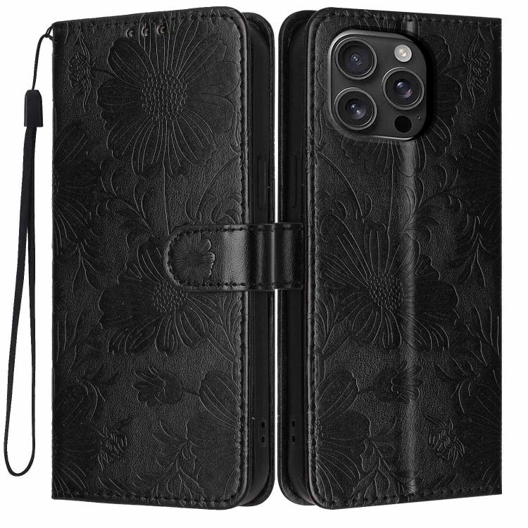 Capa para telemóvel em pele vegana com relevo de girassol e cordão preto pequeno, para iPhone 16e / 17e, para iPhone 17 Pro Max, para iPhone 17 Pro, para iPhone 17, para iPhone Air, para iPhone 16 Pro Max, para iPhone 16 Pro, para iPhone 16 Plus