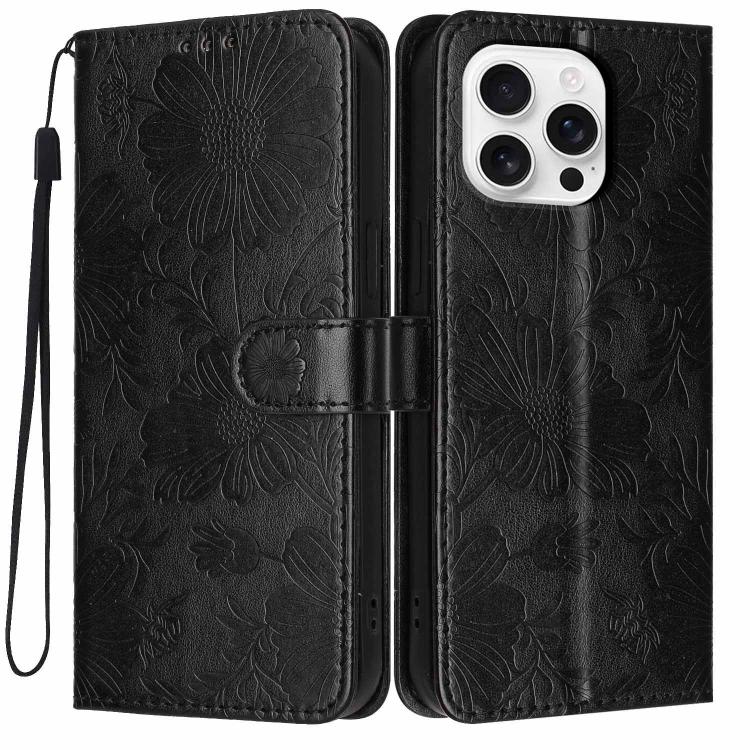 Capa para telemóvel em pele vegana com relevo de girassol e cordão preto pequeno, para iPhone 16e / 17e, para iPhone 17 Pro Max, para iPhone 17 Pro, para iPhone 17, para iPhone Air, para iPhone 16 Pro Max, para iPhone 16 Pro, para iPhone 16 Plus