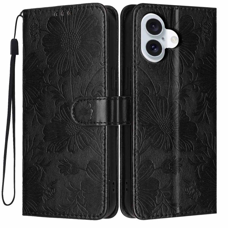 Capa para telemóvel em pele vegana com relevo de girassol e cordão preto pequeno, para iPhone 16e / 17e, para iPhone 17 Pro Max, para iPhone 17 Pro, para iPhone 17, para iPhone Air, para iPhone 16 Pro Max, para iPhone 16 Pro, para iPhone 16 Plus