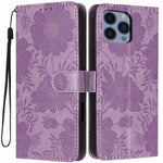 Capa de telemóvel em pele vegana com relevo de girassol e cordão preto pequeno, Para iPhone 14 Pro Max, Para iPhone 13 Pro Max, Para iPhone 13 Pro, Para iPhone 13, Para iPhone 12 / 12 Pro, Para iPhone 12 Pro Max, Para iPhone 11 Pro Max, Para iPhone 11