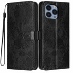 Capa de telemóvel em pele vegana com relevo de girassol e cordão preto pequeno, Para iPhone 14 Pro Max, Para iPhone 13 Pro Max, Para iPhone 13 Pro, Para iPhone 13, Para iPhone 12 / 12 Pro, Para iPhone 12 Pro Max, Para iPhone 11 Pro Max, Para iPhone 11