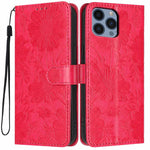 Capa de telemóvel em pele vegana com relevo de girassol e cordão preto pequeno, Para iPhone 14 Pro Max, Para iPhone 13 Pro Max, Para iPhone 13 Pro, Para iPhone 13, Para iPhone 12 / 12 Pro, Para iPhone 12 Pro Max, Para iPhone 11 Pro Max, Para iPhone 11