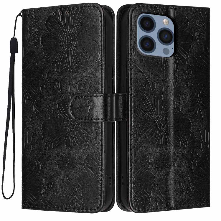 Capa de telemóvel em pele vegana com relevo de girassol e cordão preto pequeno, Para iPhone 14 Pro Max, Para iPhone 13 Pro Max, Para iPhone 13 Pro, Para iPhone 13, Para iPhone 12 / 12 Pro, Para iPhone 12 Pro Max, Para iPhone 11 Pro Max, Para iPhone 11