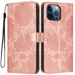 Capa de telemóvel em pele vegana com relevo de girassol e cordão preto pequeno, Para iPhone 14 Pro Max, Para iPhone 13 Pro Max, Para iPhone 13 Pro, Para iPhone 13, Para iPhone 12 / 12 Pro, Para iPhone 12 Pro Max, Para iPhone 11 Pro Max, Para iPhone 11