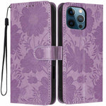 Capa de telemóvel em pele vegana com relevo de girassol e cordão preto pequeno, Para iPhone 14 Pro Max, Para iPhone 13 Pro Max, Para iPhone 13 Pro, Para iPhone 13, Para iPhone 12 / 12 Pro, Para iPhone 12 Pro Max, Para iPhone 11 Pro Max, Para iPhone 11