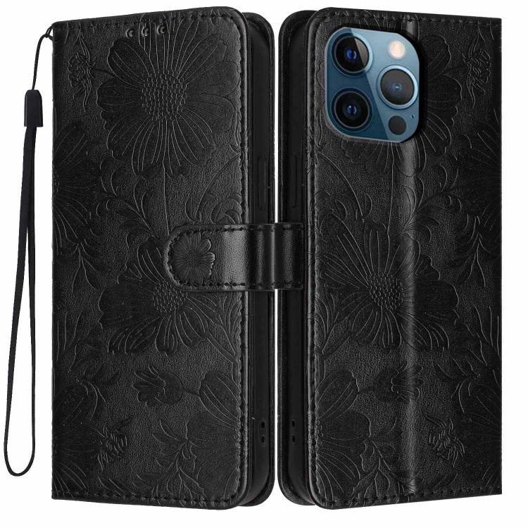 Capa de telemóvel em pele vegana com relevo de girassol e cordão preto pequeno, Para iPhone 14 Pro Max, Para iPhone 13 Pro Max, Para iPhone 13 Pro, Para iPhone 13, Para iPhone 12 / 12 Pro, Para iPhone 12 Pro Max, Para iPhone 11 Pro Max, Para iPhone 11