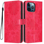 Capa de telemóvel em pele vegana com relevo de girassol e cordão preto pequeno, Para iPhone 14 Pro Max, Para iPhone 13 Pro Max, Para iPhone 13 Pro, Para iPhone 13, Para iPhone 12 / 12 Pro, Para iPhone 12 Pro Max, Para iPhone 11 Pro Max, Para iPhone 11