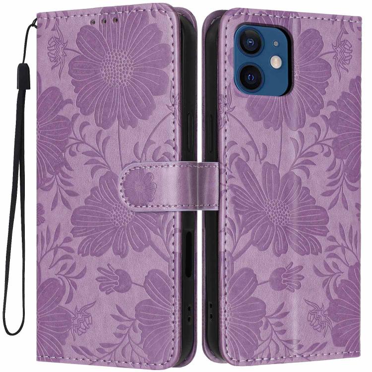 Capa de telemóvel em pele vegana com relevo de girassol e cordão preto pequeno, Para iPhone 14 Pro Max, Para iPhone 13 Pro Max, Para iPhone 13 Pro, Para iPhone 13, Para iPhone 12 / 12 Pro, Para iPhone 12 Pro Max, Para iPhone 11 Pro Max, Para iPhone 11