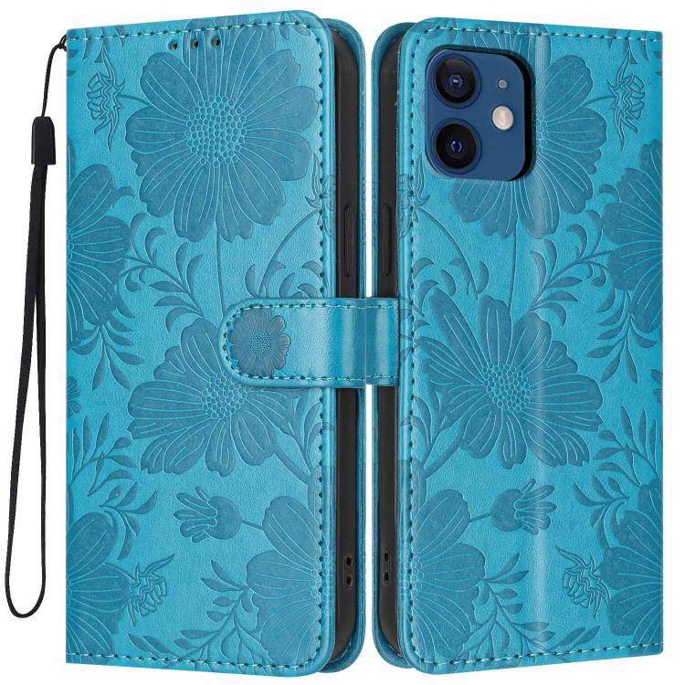 Capa de telemóvel em pele vegana com relevo de girassol e cordão preto pequeno, Para iPhone 14 Pro Max, Para iPhone 13 Pro Max, Para iPhone 13 Pro, Para iPhone 13, Para iPhone 12 / 12 Pro, Para iPhone 12 Pro Max, Para iPhone 11 Pro Max, Para iPhone 11