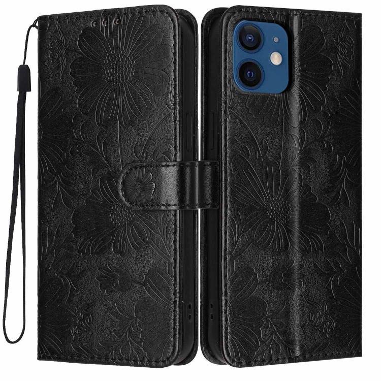 Capa de telemóvel em pele vegana com relevo de girassol e cordão preto pequeno, Para iPhone 14 Pro Max, Para iPhone 13 Pro Max, Para iPhone 13 Pro, Para iPhone 13, Para iPhone 12 / 12 Pro, Para iPhone 12 Pro Max, Para iPhone 11 Pro Max, Para iPhone 11